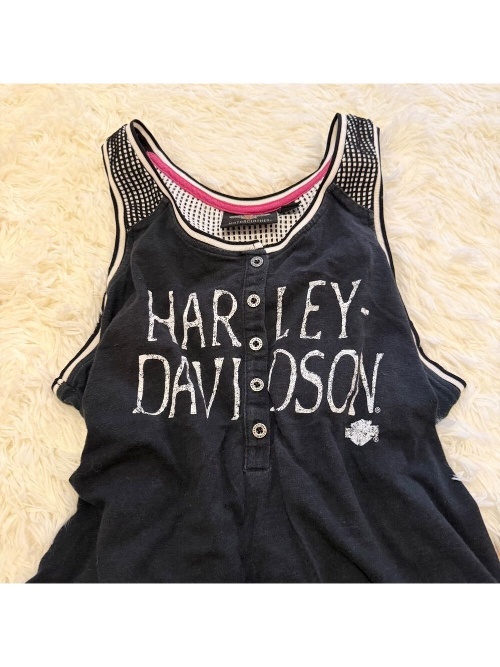Harley Davidson Mesh Henley Tank Top Womens Large Black Biker Core 96143-18VW - Picture 2 of 6